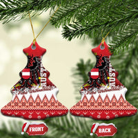 Red bell-shaped Austria eagle ceramic Christmas ornament with gold crown crest and “Frohe Weihnachten”