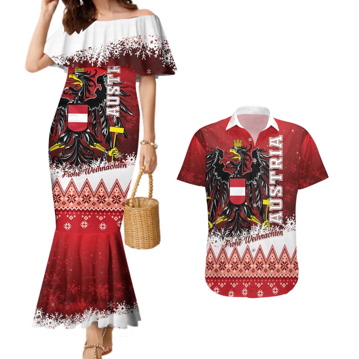 Personalized Austria Christmas Eagle Couples Matching Mermaid Dress and Hawaiian Shirt Frohe Weihnachten - Wonder Print Shop