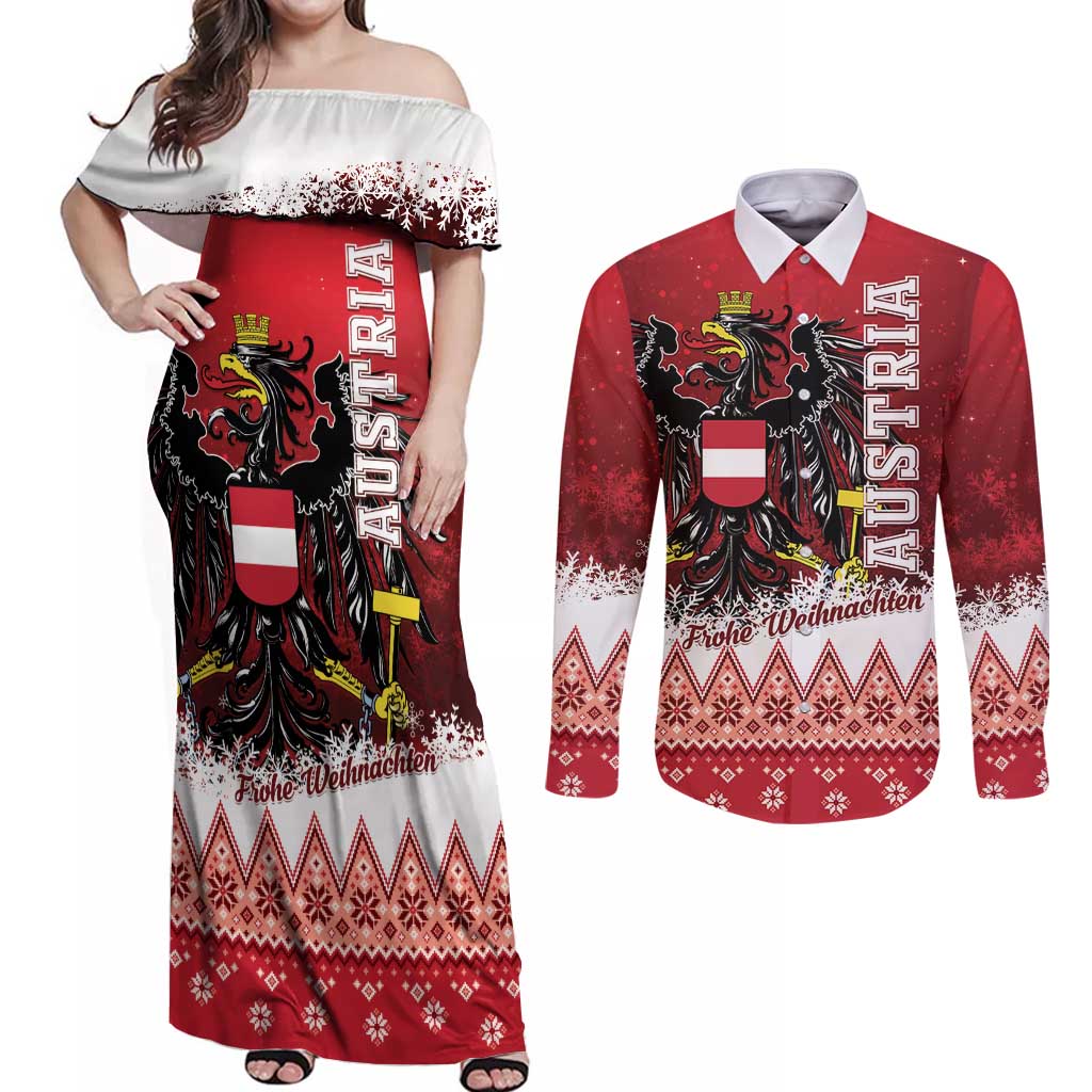 Personalized Austria Christmas Eagle Couples Matching Off Shoulder Maxi Dress and Long Sleeve Button Shirt Frohe Weihnachten - Wonder Print Shop