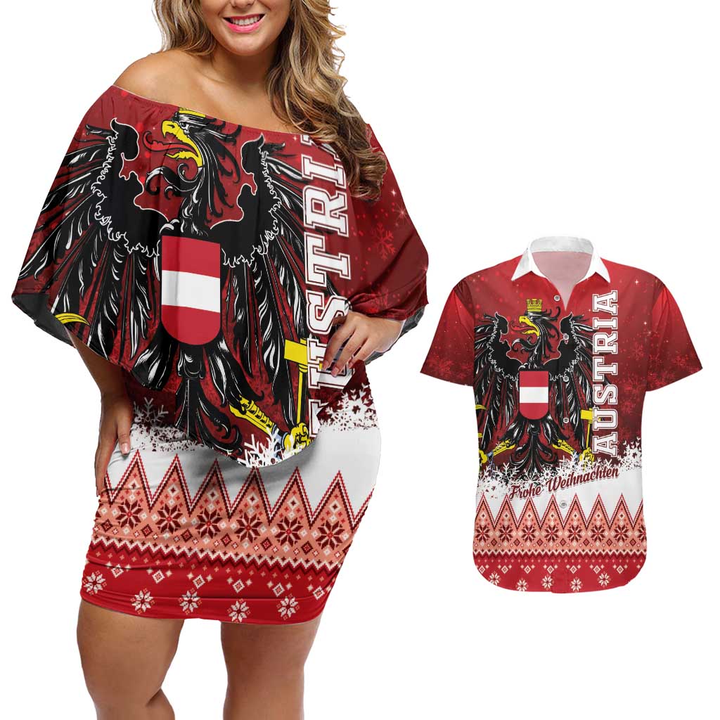 Personalized Austria Christmas Eagle Couples Matching Off Shoulder Short Dress and Hawaiian Shirt Frohe Weihnachten - Wonder Print Shop