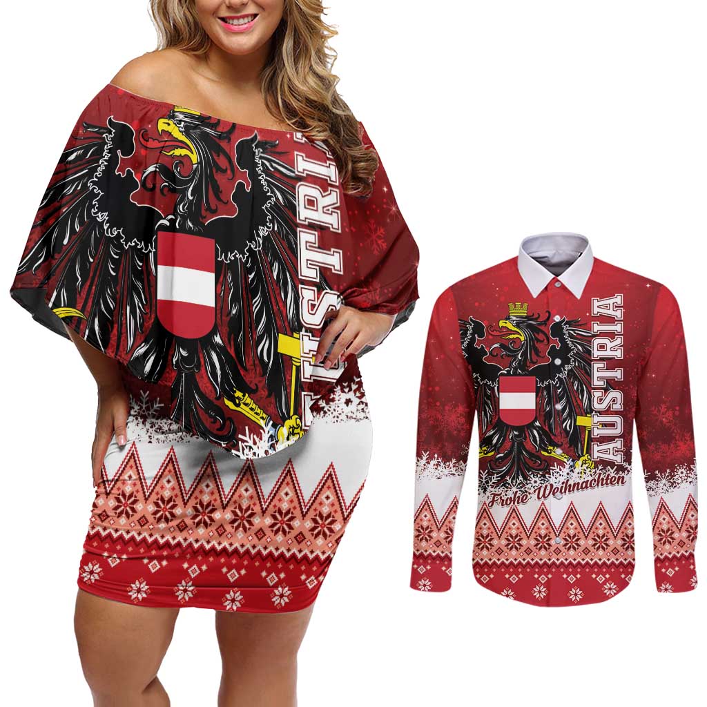 Personalized Austria Christmas Eagle Couples Matching Off Shoulder Short Dress and Long Sleeve Button Shirt Frohe Weihnachten - Wonder Print Shop