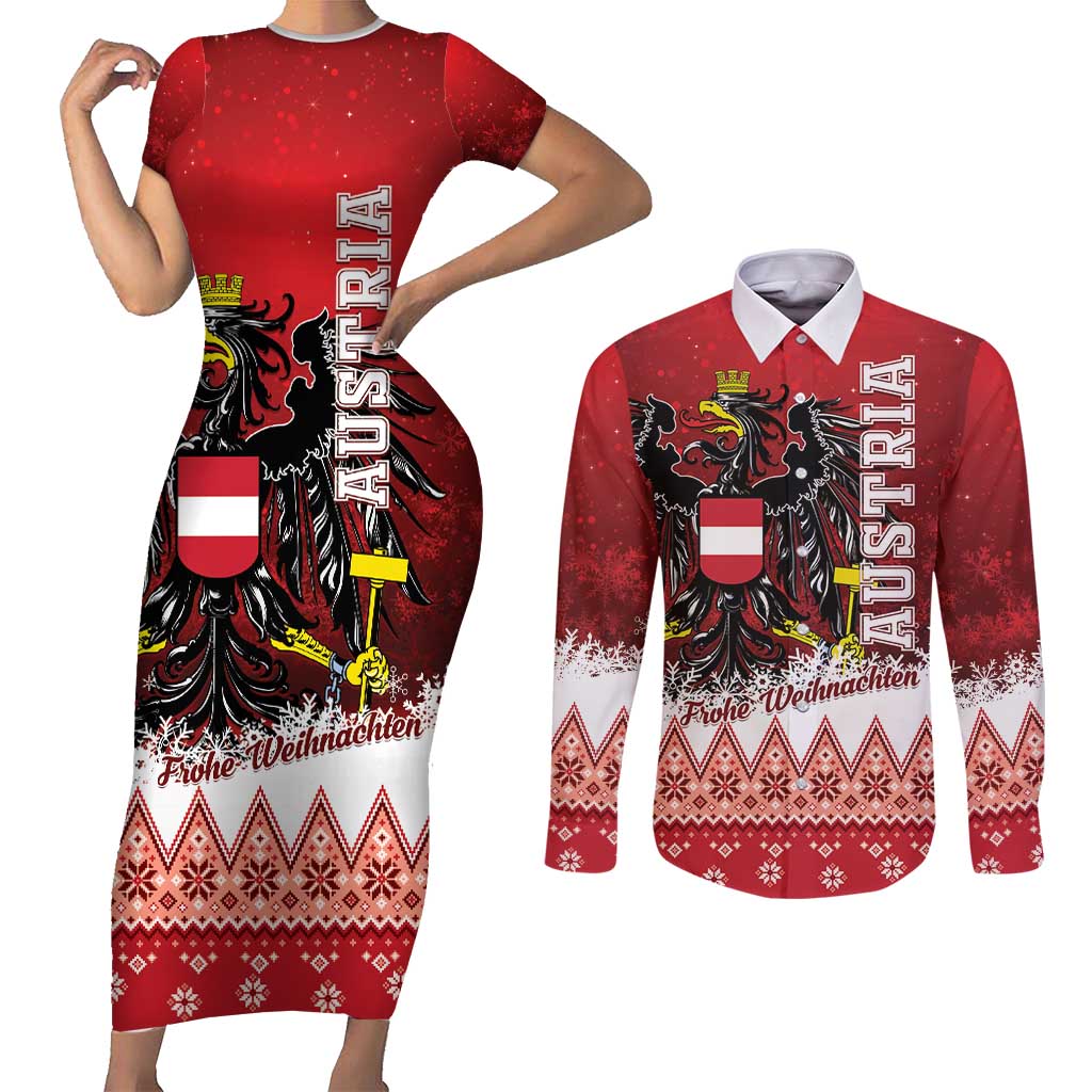 Personalized Austria Christmas Eagle Couples Matching Short Sleeve Bodycon Dress and Long Sleeve Button Shirt Frohe Weihnachten - Wonder Print Shop