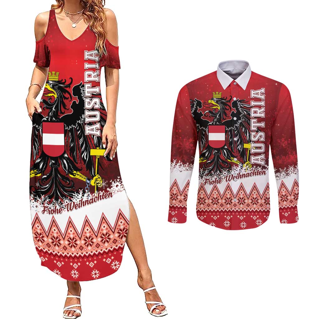 Personalized Austria Christmas Eagle Couples Matching Summer Maxi Dress and Long Sleeve Button Shirt Frohe Weihnachten - Wonder Print Shop