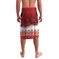 Red Christmas board shorts, rear view, snowflake and fair isle pattern hem