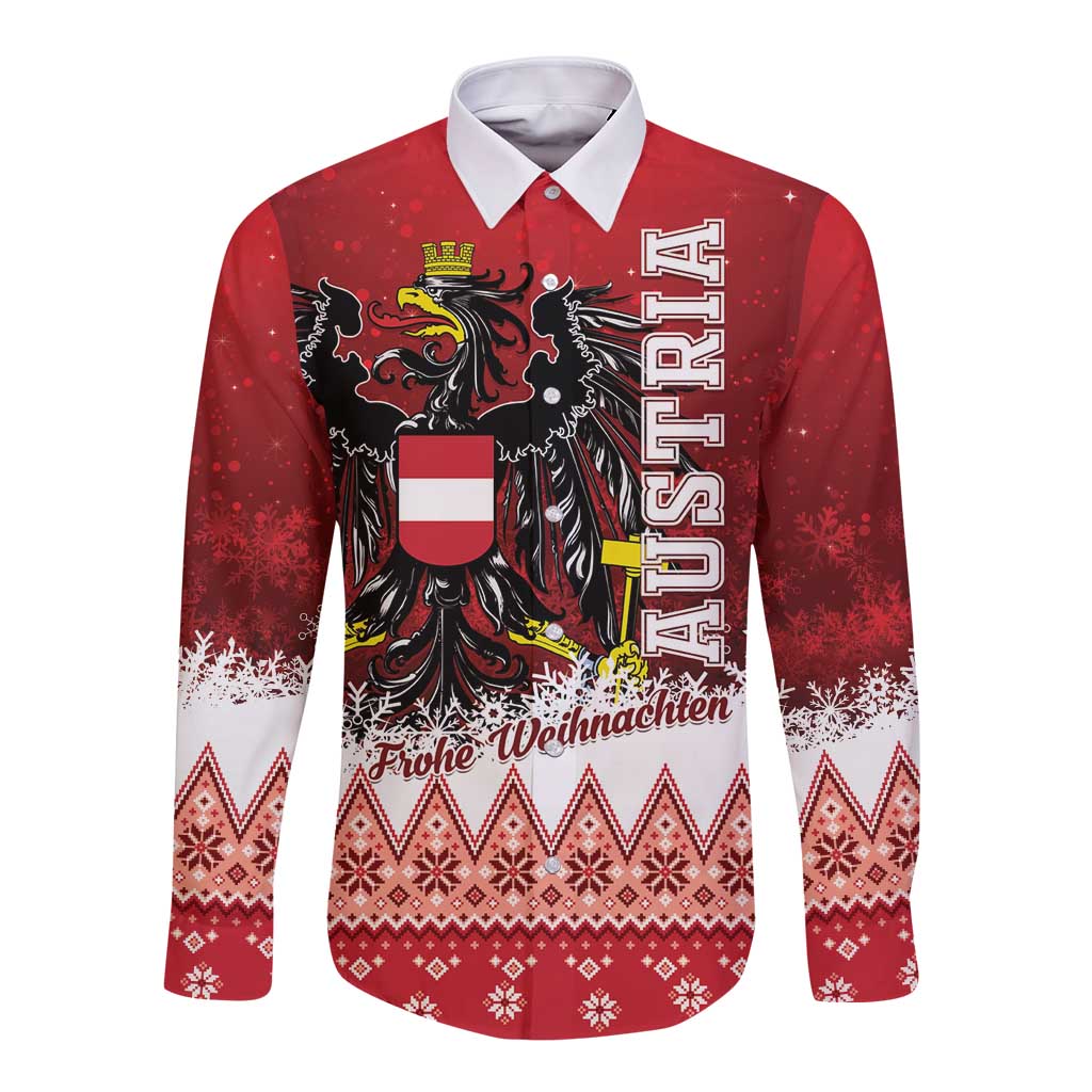 Red long-sleeve button shirt with Austria eagle crest and 'Frohe Weihnachten' print