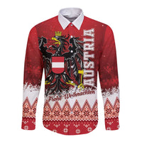 Red long-sleeve button shirt with Austria eagle crest and 'Frohe Weihnachten' print