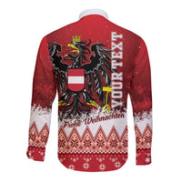 Red long-sleeve button shirt with back Austria text and eagle crest, 'Frohe Weihnachten'