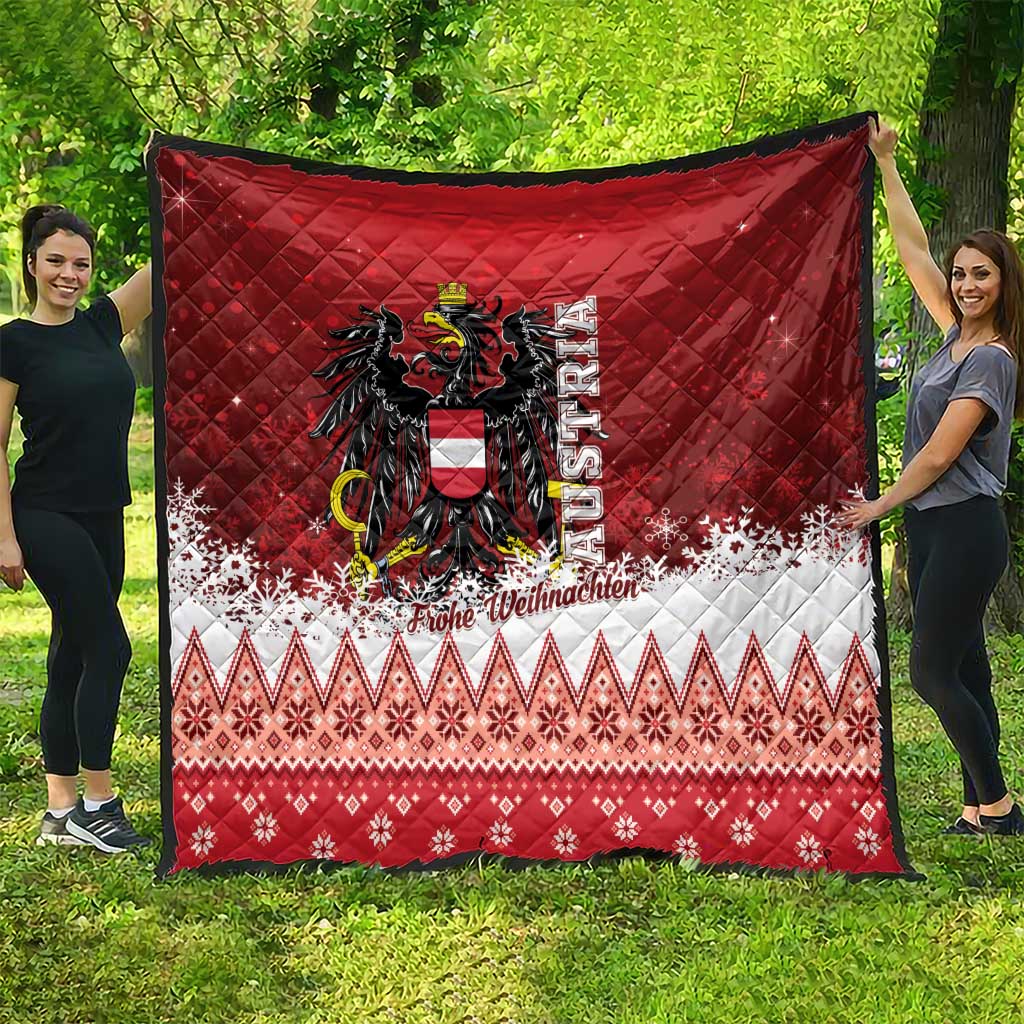 Red Christmas quilt, eagle crest center, white snowflake band and zigzag holiday pattern
