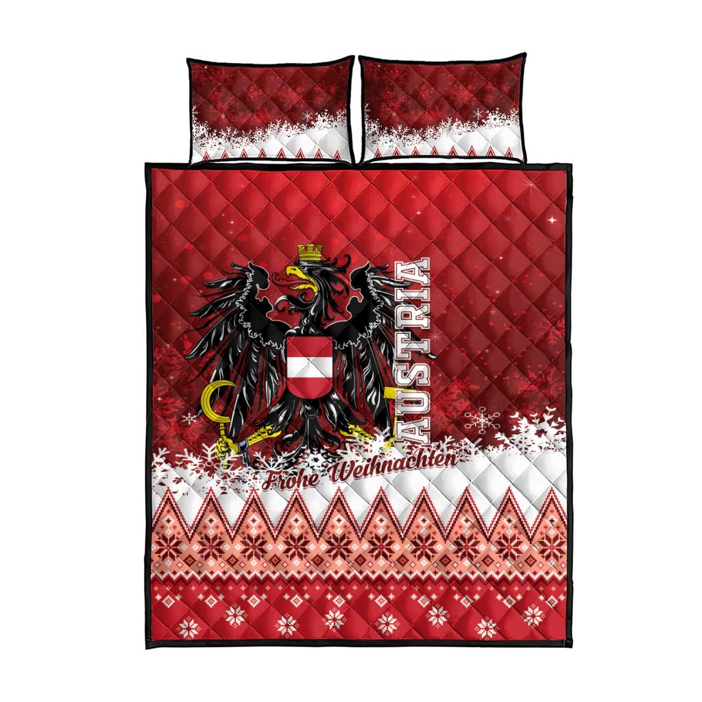 Red quilt bed set with black eagle panel, zigzag Nordic border, and two matching pillowcases