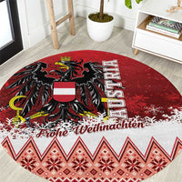 Red round Christmas eagle rug with black bird, shield, and 'Frohe Weihnachten' text
