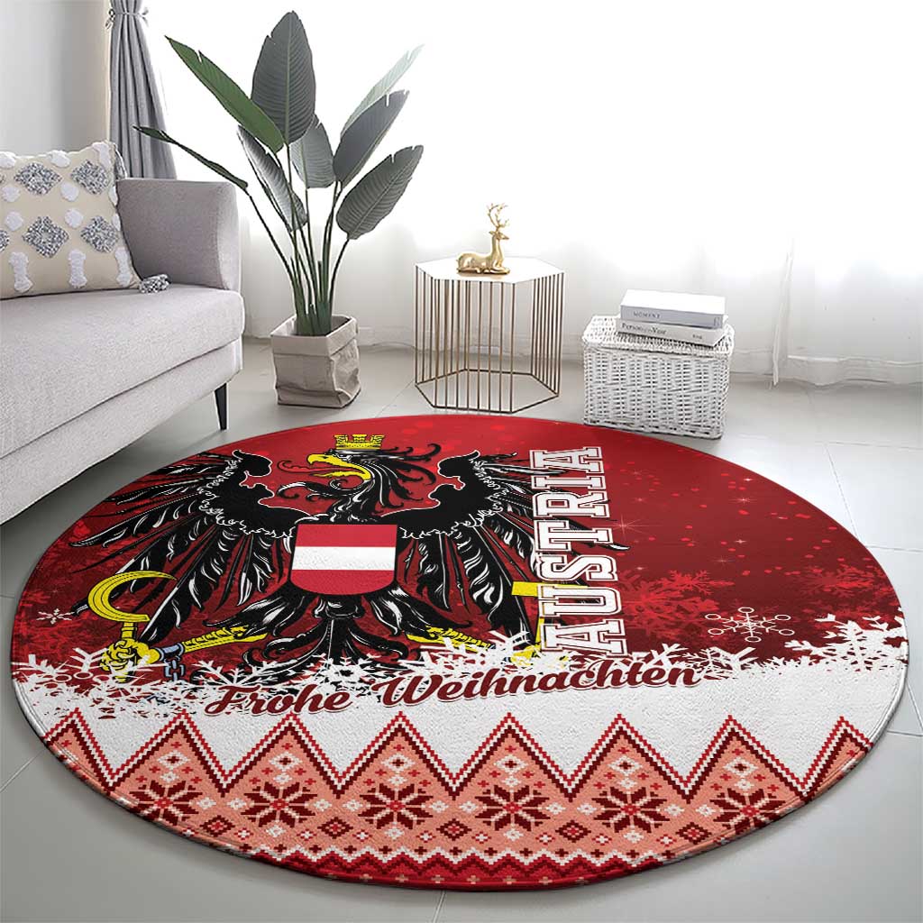 Red round Christmas eagle rug featuring a central black eagle, shield, and 'Frohe Weihnachten' banner