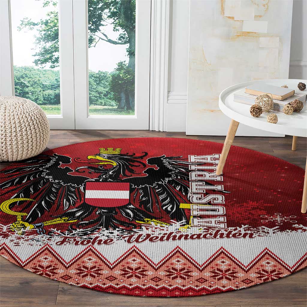 Red round Christmas eagle rug corner view with black eagle, shield, and festive border design