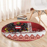 Red round Christmas eagle rug with black eagle, shield, and 'Frohe Weihnachten' lettering