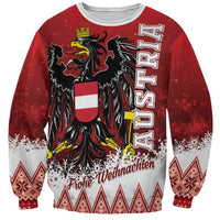 Red crewneck Christmas sweatshirt with black-and-gold eagle crest and 'Frohe Weihnachten' text