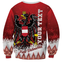 Red Christmas sweatshirt with back eagle crest, vertical text, and 'Frohe Weihnachten' print