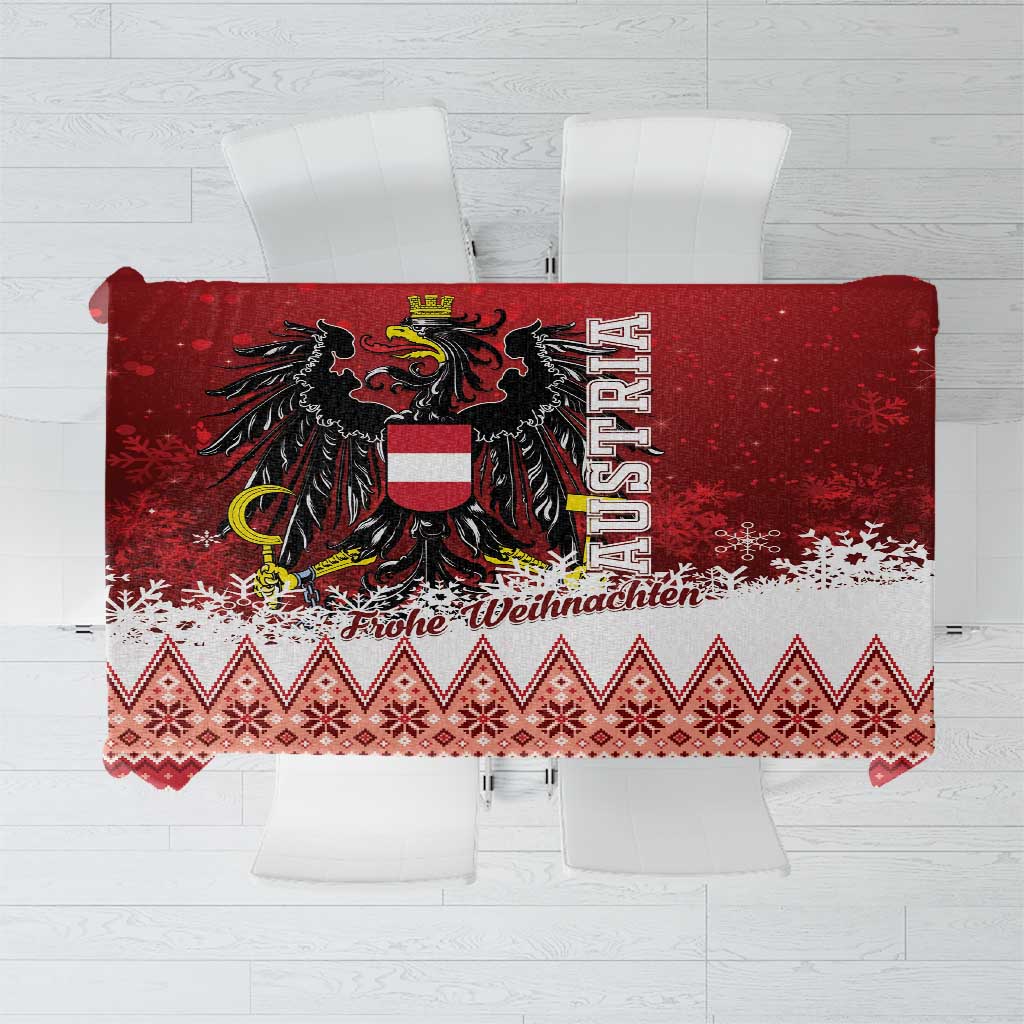 Red Christmas tablecloth with black eagle, snowflakes, and 'Frohe Weihnachten' text