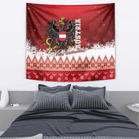 Red Austria Christmas wall tapestry with Austrian eagle crest, white snowflakes and diamond trim