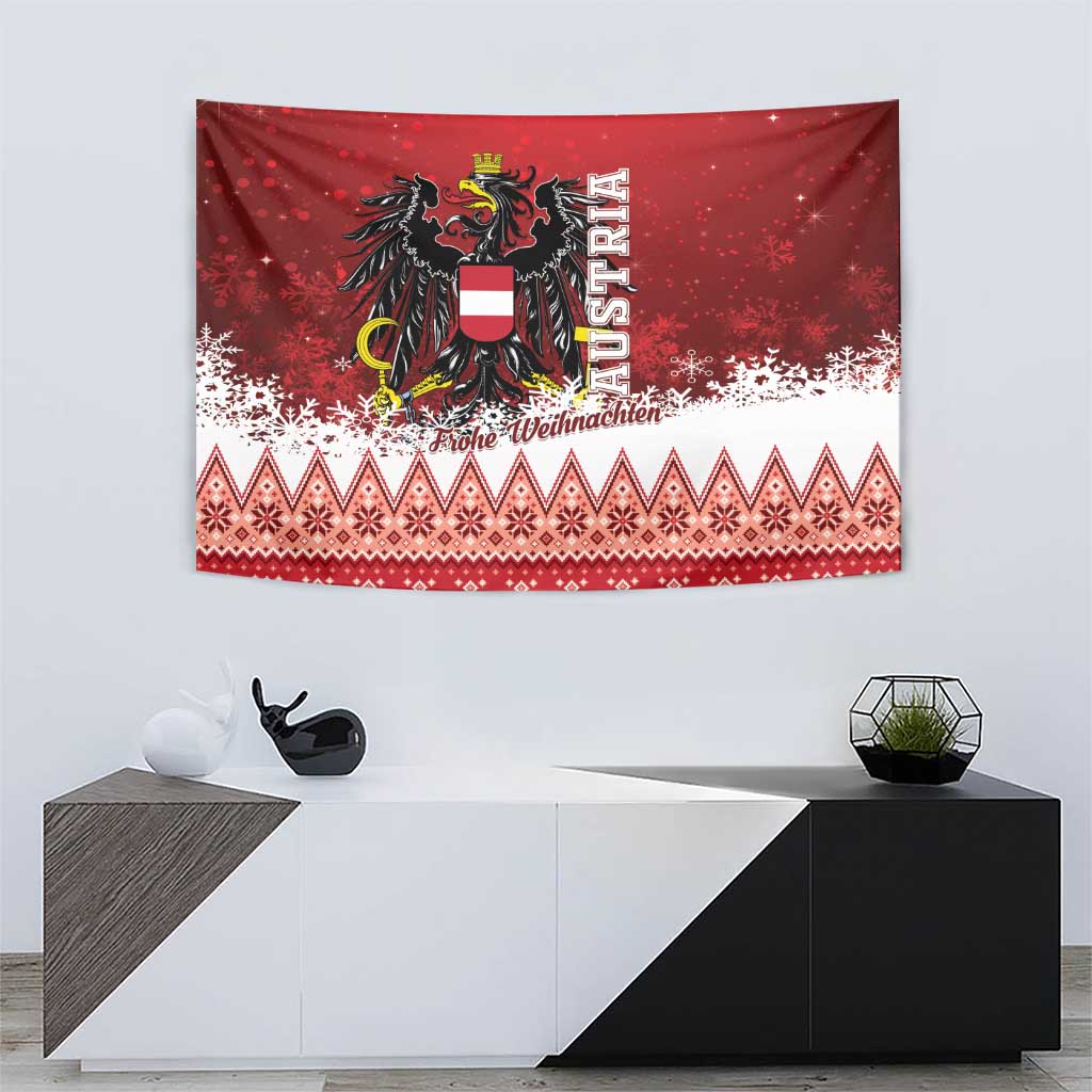 Red Austria Christmas tapestry showing black eagle crest, vertical “AUSTRIA,” and festive border