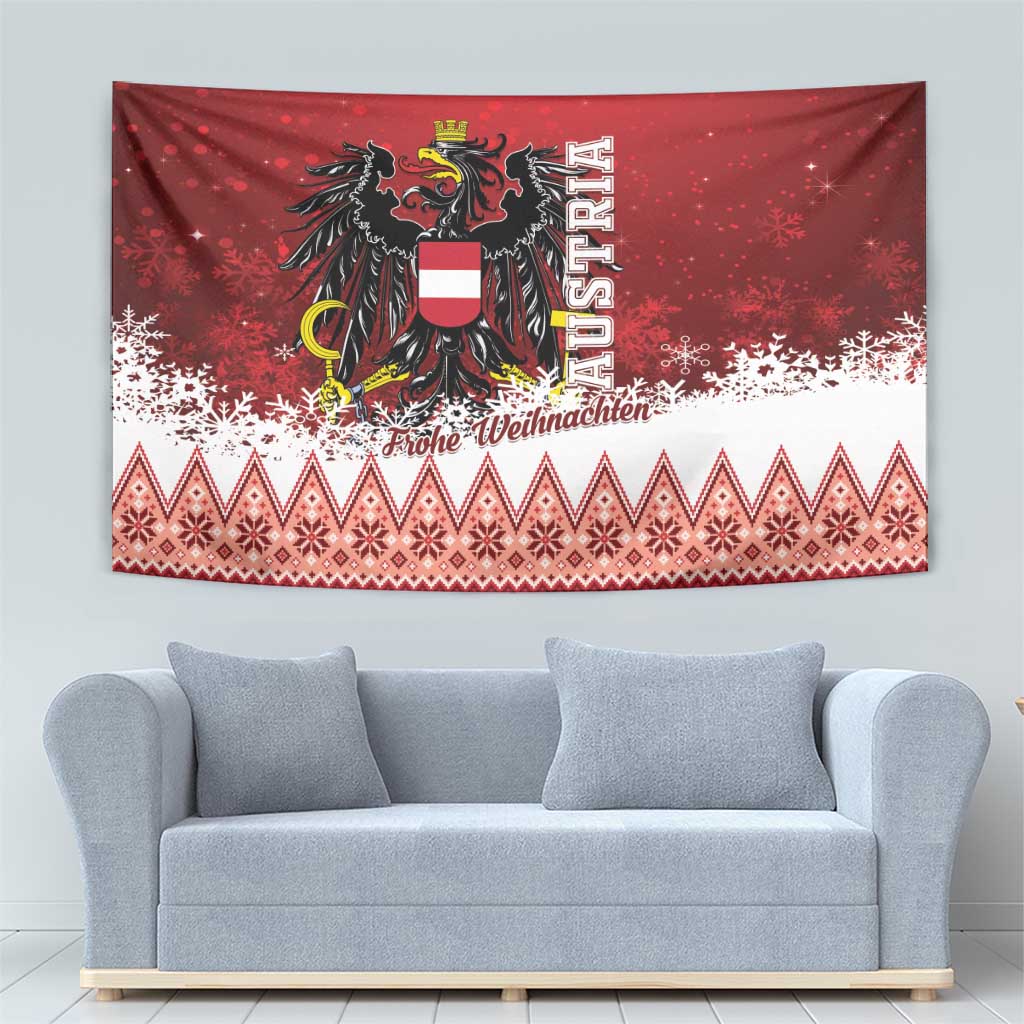 Red Austria Christmas tapestry with eagle crest, “Frohe Weihnachten” text, and patterned band