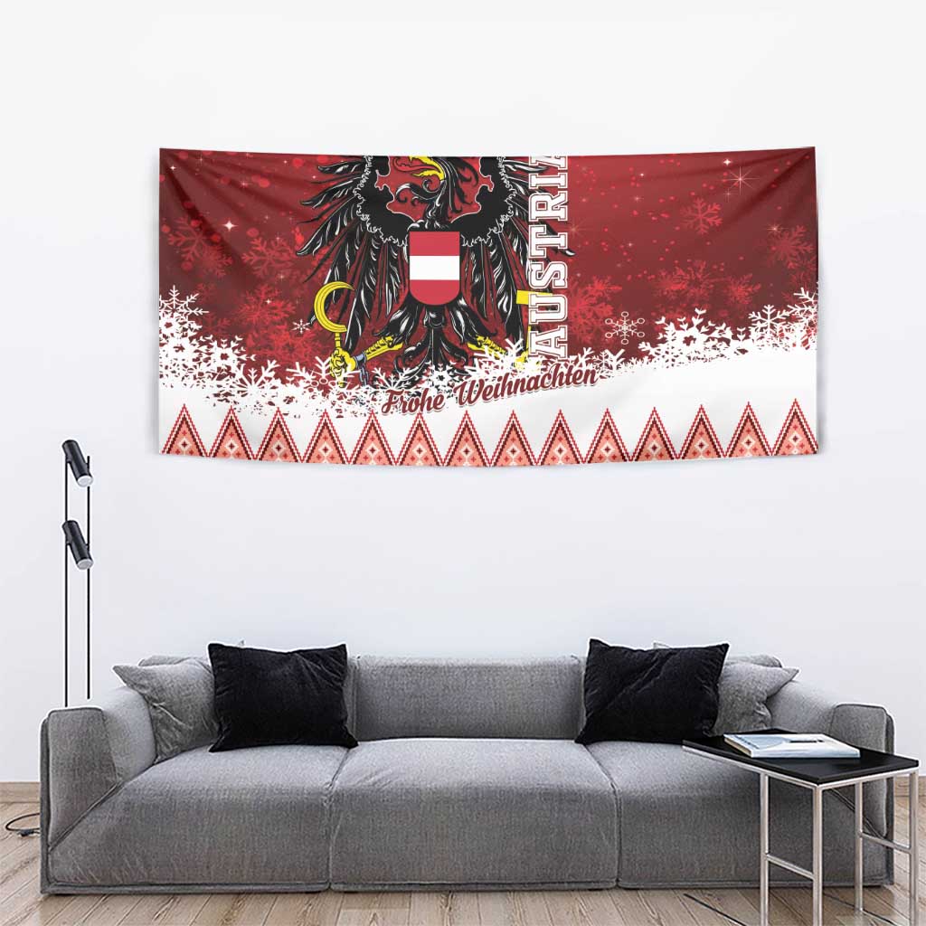 Red Austria Christmas tapestry with eagle coat of arms, “AUSTRIA,” snowflake accents, border