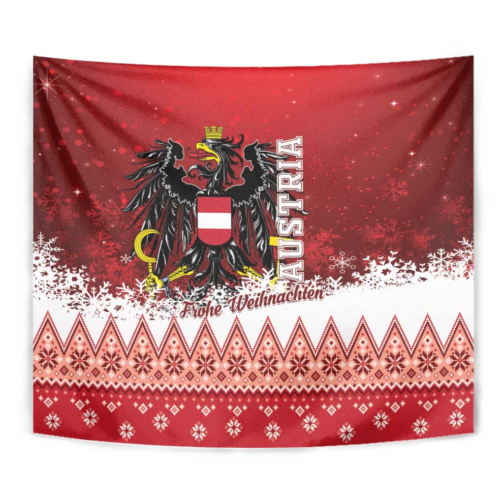 Close-up red Austria Christmas tapestry with eagle emblem, “Frohe Weihnachten,” and snowflake pattern
