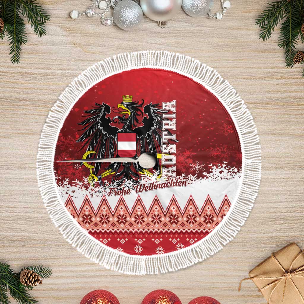 Red round tree skirt with black eagle and “Frohe Weihnachten” text, surrounded by white fringe.