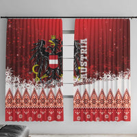 Red Christmas window curtains with Austrian eagle, snowflakes, and zigzag hem border