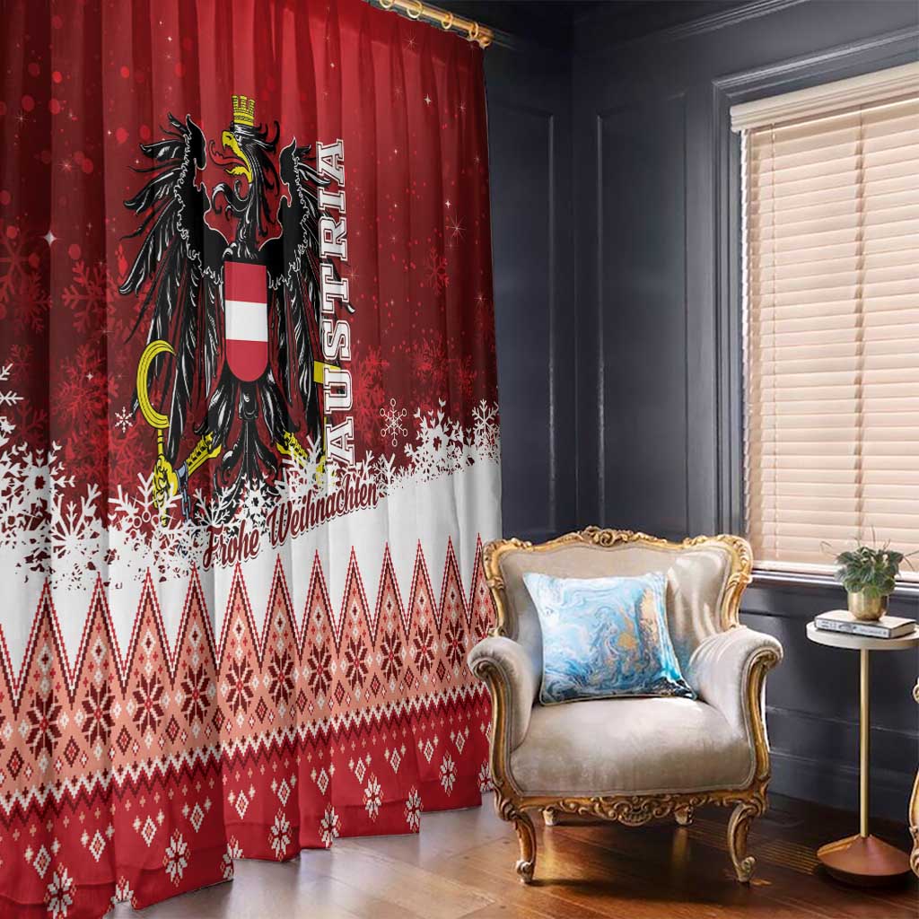 Red Christmas window curtains featuring Austrian eagle print and frosty snowflake band