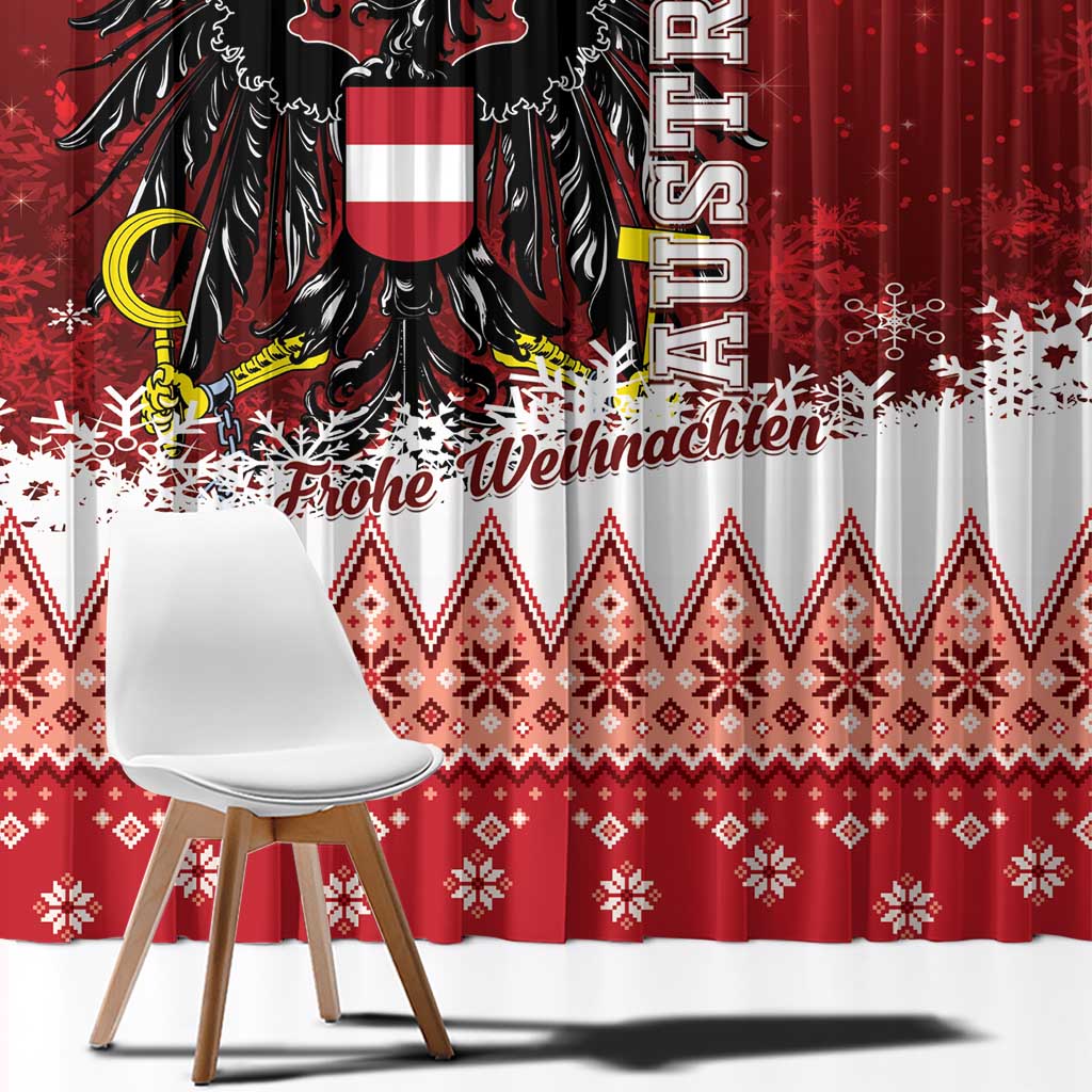 Red Christmas window curtains with close-up Austrian eagle, snowflakes, and diamond patterns