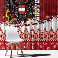 Red Christmas window curtains with close-up Austrian eagle, snowflakes, and diamond patterns