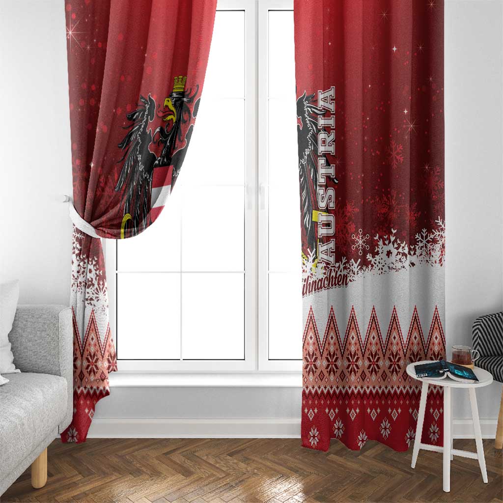 Red Christmas window curtains with Austrian eagle motif and patterned snowflake lower hem