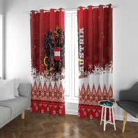 Red Christmas window curtains with Austrian eagle, vertical text strip, and zigzag hem