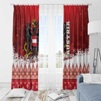 Red Christmas window curtains with Austrian eagle panel, snowflakes, and patterned bottom edge