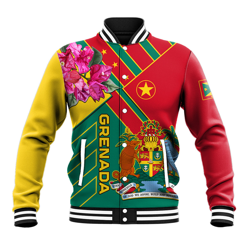 Unisex baseball jacket with red, yellow, and green graphic panels, crest, and ribbed trim
