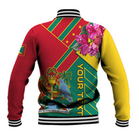 Unisex baseball jacket back with red and yellow sleeves, green diagonal stripe, crest