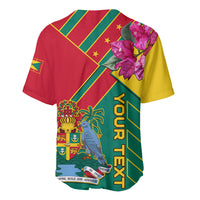 Red baseball jersey with diagonal bands, flower patch on shoulder, vertical text graphic