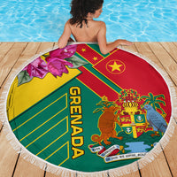 Round Grenada beach blanket featuring crest, flags, flowers, and white tassel fringe.