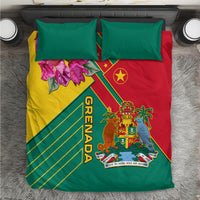 Bedding set with teal, red, and yellow Grenada flag print, crest and flowers