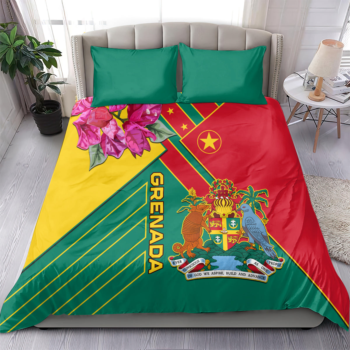 Bedding set with two teal pillowcases and red/yellow flag design, crest and stars