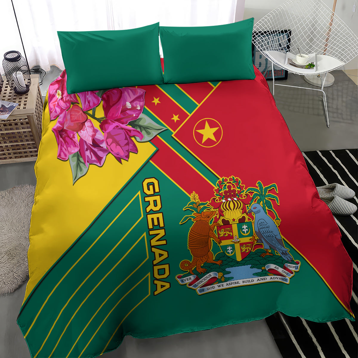 Bedding set with teal pillowcases and red-yellow Grenada emblem, flower panel