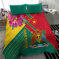 Bedding set with teal pillowcases and red-yellow Grenada emblem, flower panel