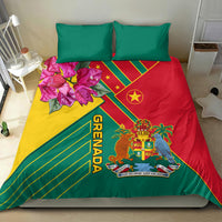 Bedding set with teal, red, and yellow cover, Grenada text and coat-of-arms emblem