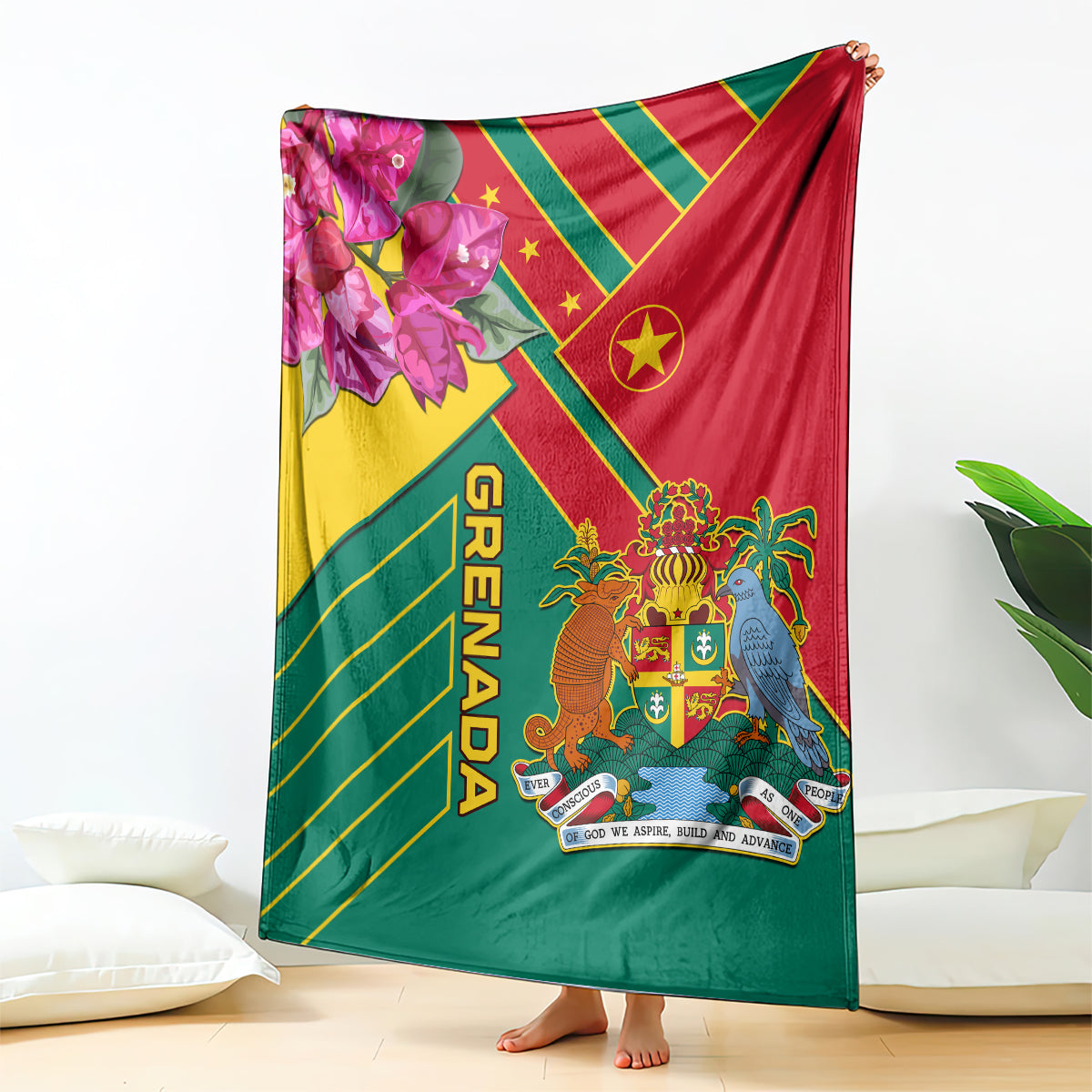 Grenada themed blanket with red, yellow, green panels, floral and crest print