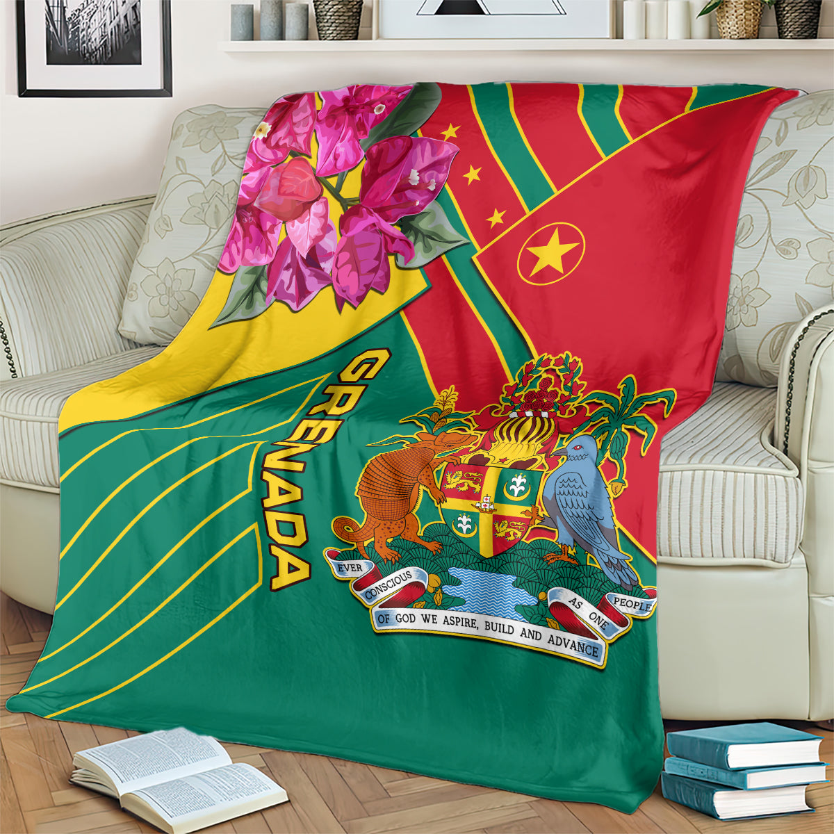 Grenada themed blanket with bold diagonal stripes, crest emblem, and pink orchid flowers