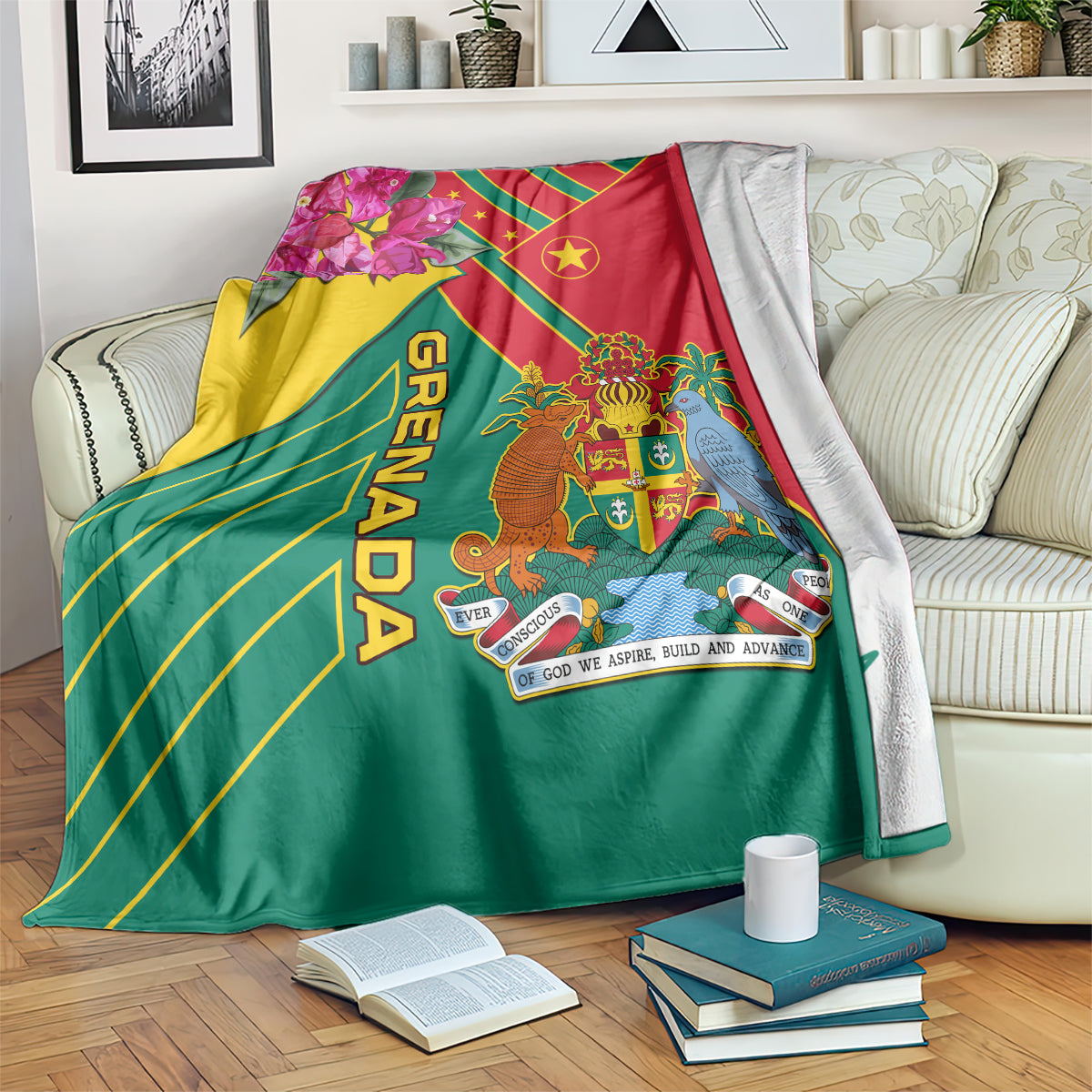Grenada themed blanket with red, yellow, green diagonal stripes, crest emblem, and pink flowers