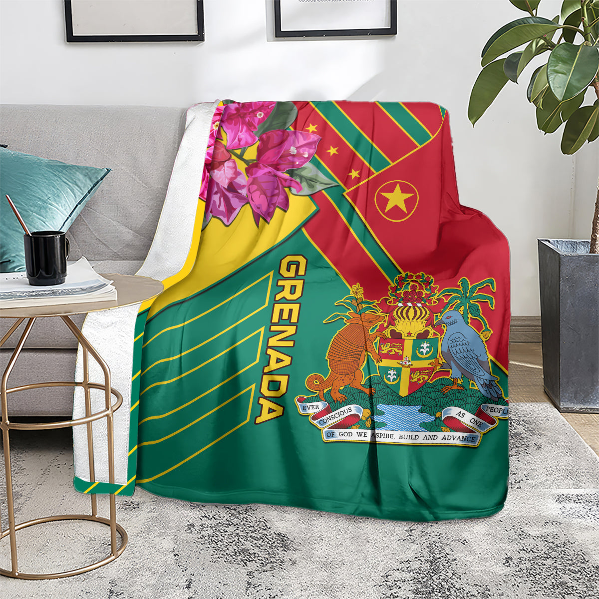 Grenada themed blanket on chair, red yellow green stripes with crest shield and orchid flowers