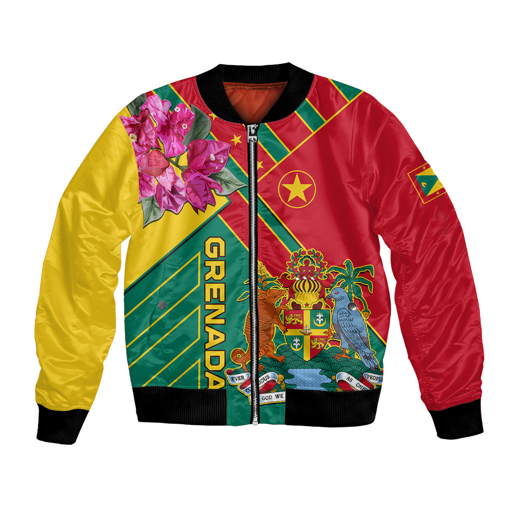 Unisex bomber jacket, red/yellow panels, multicolor crest and flowers, ribbed hem