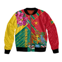 Unisex bomber jacket, red/yellow panels, multicolor crest and flowers, ribbed hem
