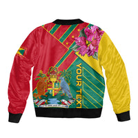 Unisex bomber jacket, red and yellow sleeves, green diagonal stripes, large crest on back