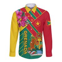 Unisex long-sleeve button shirt, red/green/yellow diagonal graphic with pink flowers